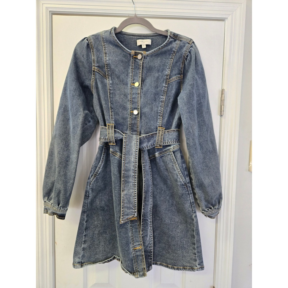 Habitual Women XS Denim Mini Dress Blue Button Front Belted‎ Puff Sleeve Western
